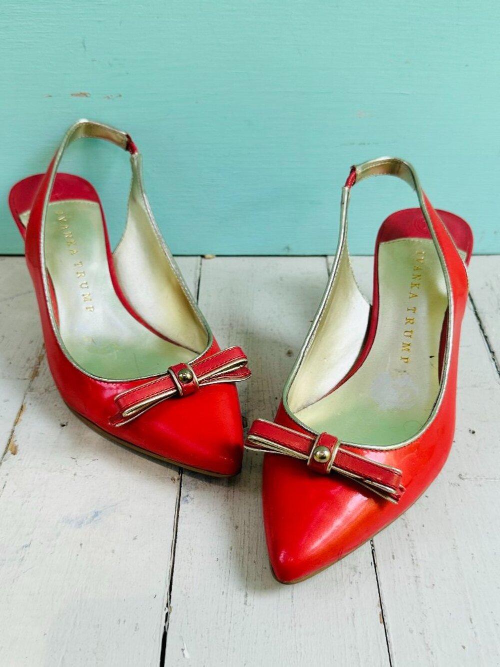 Ivanka Trump Orange Coral Patent Bow Slingback Pointed Toe Kitten Heels 7.5M